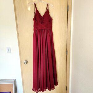 Burgundy A-line V-Neck Floor-Length Lace Chiffon Bridesmaid Dress With Ruffle,